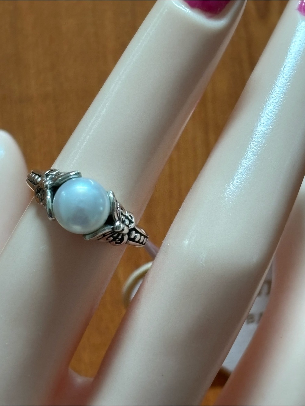 Sterling Silver Pearl Ring with Ornate Band - White Pearl